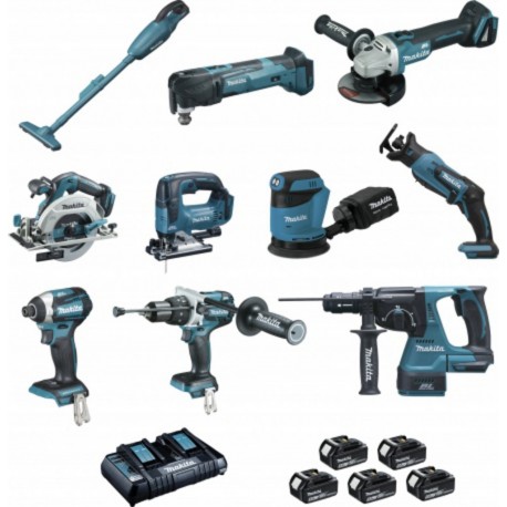 Makita Ensemble de 10 machines + 5 batteries + chargeur + Coffrets Makpac Makita DLX1011PTJ