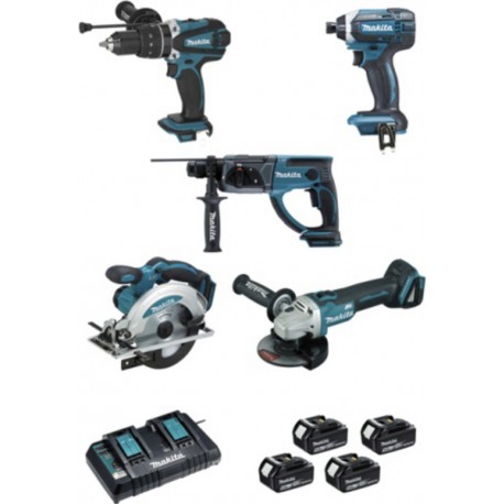 Makita Ensemble de 5 machines 18 V Li-Ion 5 Ah (DHP458 + DTD152 + DGA504 + DHR202 + DSS610) Makita DLX5039PTJ