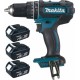 Makita Perceuse visseuse à percussion sans fil 18 Volts Li-Ion 4 Ah Ø diamètre 13mm (3 batteries) DHP482RM3J