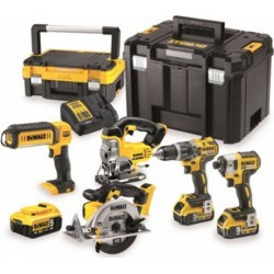 DeWALT Kit 5 outils 18 Volts Perceuse-visseuse + visseuse à chocs + scie sauteuse + scie circulaire DCS391 + Lampe Dewalt DCK551