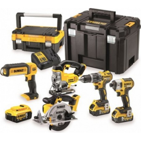 DeWALT Kit 5 outils 18 Volts Perceuse-visseuse + visseuse à chocs + scie sauteuse + scie circulaire DCS391 + Lampe Dewalt DCK551