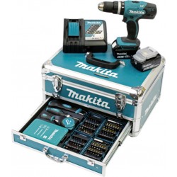 Makita Perceuse à percussion sans fil 18 V 3.0 Ah dans une mallette en aluminium avec un jeu d'accessoires de 96 pièces DHP453RF