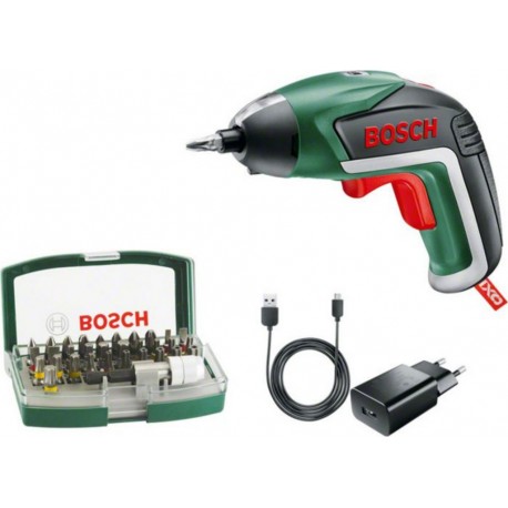 Bosch Tournevis sans fil IXO, avec jeu d'embouts de vissage de 32 pièces, chargeur micro USB, 06039A800S