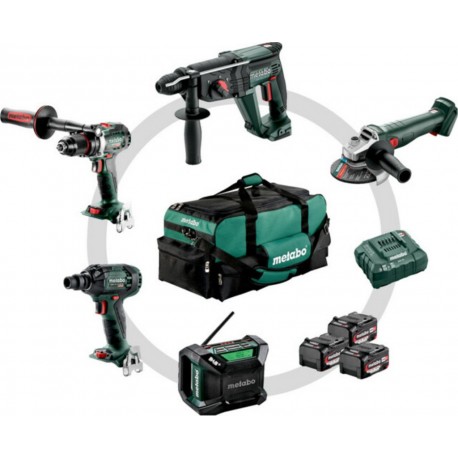 Metabo Kit d'outils sans fil Combo pour l'artisanat du bâtiment 5.2BS 18 LTX BL + KH 18 LTX 24 + W 18 L 9-125 Quick + SSW 18 LTX